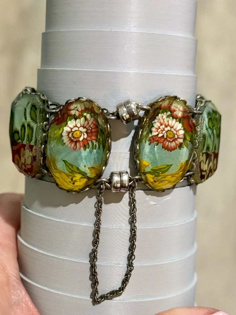 Vintage Ayala Bar Retired Fabric Under Glass Panel Bracelet Magnetic Clasp